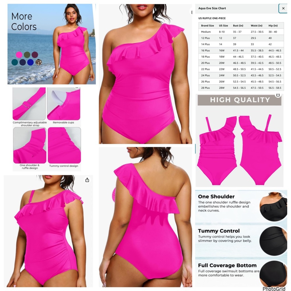 Aqua eve 20W plus size pink ruffle one shoulder one piece swimsuit NWT